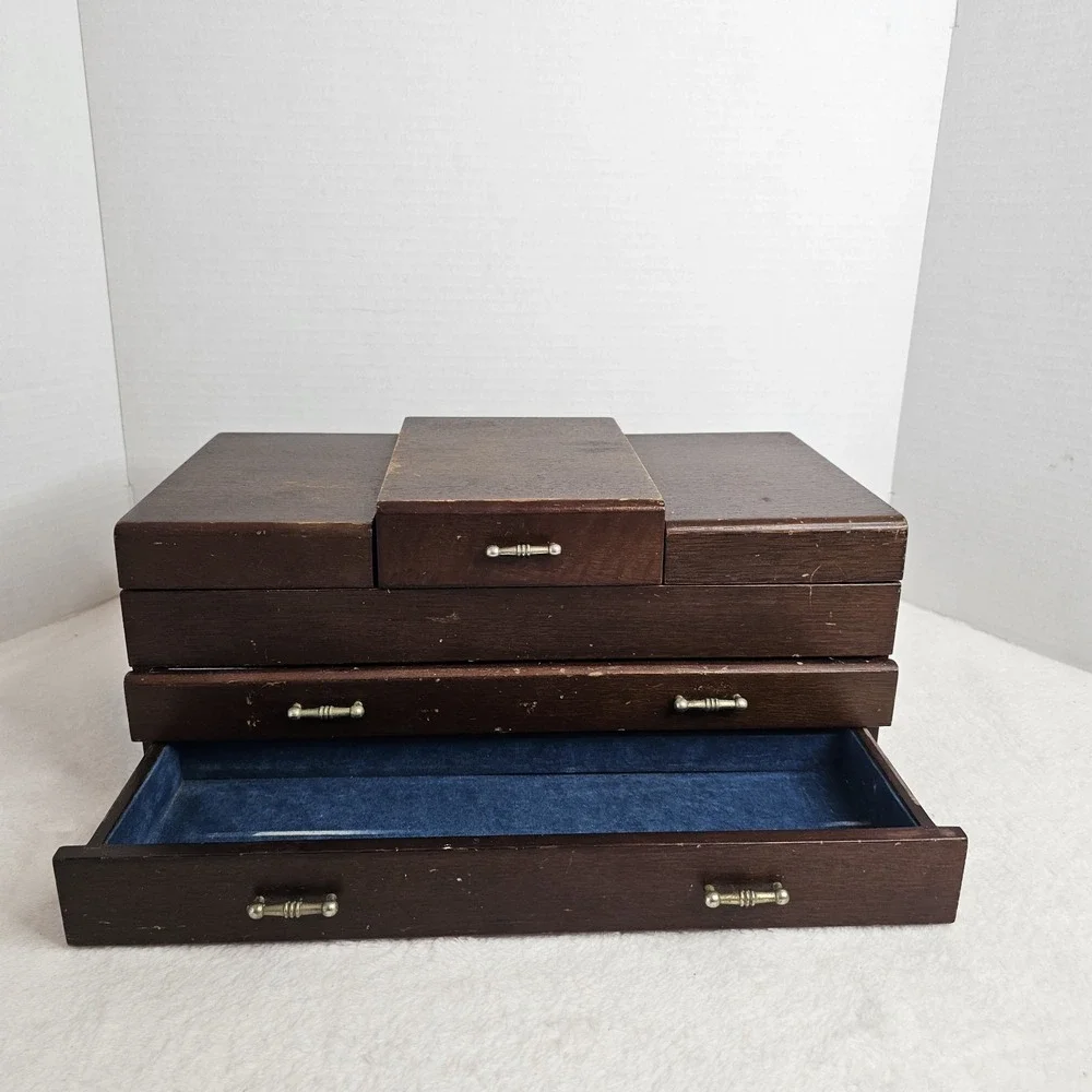 VTG Mid Century Modern Wood Jewelry Box 2 Drawer Blue Velvet Lined MCM Mirror